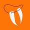 Animal teeth necklace. Fangs on a cord on orange background. Magic amulet, Halloween decoration element