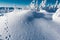 Animal tracks in puffy snow on hillside. Winter forest after snowfall. Trees in frost