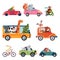Animal transport. Fun cartoon car, cute drivers traveling. Funny bear giraffe fox driving bus, taxi truck. Childhood zoo