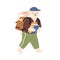 Animalistic childish character or hare cub student carry pile of books. Rabbit pupil with backpack going to school. Flat