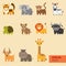 Animals of Africa. Cute animals set including monkey, giraffe, elephant, zebra, tiger, hyena, lion, hippopotamus