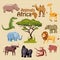 Animals of Africa, rhino, lion, boar, monkey, gorilla, buffalo, elephant, crocodile, hippo, camel, giraffe, Cartoon