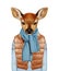 Animals as a human. Fawn in down vest, sweater and scarf.