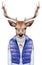 Animals as a human. Portrait of Deer in down vest and sweater.