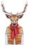 Animals as a human. Portrait of Deer in down vest, sweater and scarf.