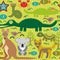 Animals Australia snake, turtle, crocodile, alliagtor, kangaroo, dingo. Seamless pattern on green background. Vector