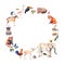 Animals, birds, fishes, insects. Zoo, wildlife elephant, deer, fox, flamingo, red panda and other . Wreath border