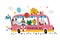 Animals bus. Cute woodland creatures in big autobus, little travelers, mouse driver, cartoon friends adventures, fun