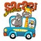 Animals cartoon vacation with mini bus, vector cartoon illustration