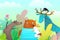 Animals characters friendship portrait in the nature with trees. Moose, bear, wolf and rabbit fun cartoon for kids.