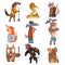 Animals of Different Professions Set, Horse, Snake, Rat, Fox, Wolf, Deer, Owl, Bull, Mouse Humanized Animals Cartoon