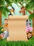 Animals forest with a blank sign paper roll