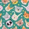 Animals head seamless pattern. Cute bear, tige, panda, squirrel,bunny,wolf faces. Kids wallpaper, textile design vector texture.