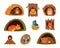 Animals in holes. Animal home, cartoon fox sleep in hole. Shelter in forest and on tree, bird nest. Cute mouse. Squirrel