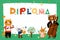 Animals kids diploma. Childish certificate. Cute musicians with cello and saxophone. Music class graduation. Funny band
