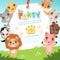 Animals kids invitations. Cute funny jungle animals in cartoon style placard at baby birthday celebration party vector