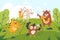 Animals musicians in forest. Funny cartoon characters play orchestra in green clearing, kids entertainment, wildlife