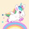 Animals And Mythical Creatures. Cute Little Magic Unicorn, Walking On The Rainbow Vector Illustration.