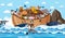 Animals on Noah`s ark floating in the ocean scene