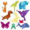 Animals origami set japanese folded modern wildlife hobby symbol creative decoration vector illustration.