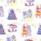 Animals party. New year and Christmas hand draw illustration. Seamless pattern. Characters on white background