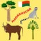 Animals and plants of Madagascar: baobab tree, zebu, ravenala