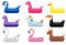 Animals pool float rings. Kids swimming rings with animal heads. Baby water floating duck and flamingo, dinosaurs, swans