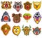 Animals portrait heads with open mouth of roaring animals angry lion bear and aggressive wolf illustration set of