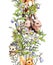 Animals - rabbits, squirrel, hedgehog in grass, blossom flowers. Seamless border banner. Watercolor in sketch style