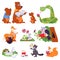 Animals reading. Bird animal read book, cute cartoon forest wild characters. Children school education, owl bear