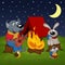 Animals resting around bonfire