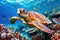 Animals. Sea turtle swimming underwater. Sea creatures. Generative AI