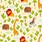 Animals seamless vector background. Giraffe, zebra, wombat and cactus