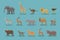Animals set of colored icons. Vector symbols such as elephant, giraffe, kangaroo, lion, ostrich, zebra, mountain goat