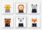 Animals set including wolf, bear, fox, panda, cat, lion. Cute hand drawn doodle cards, postcard, posters with animals