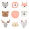 Animals set including wolf, bear, fox, panda, cat, moose, deer, lion. Cute hand drawn doodle card, postcard, poster with