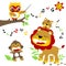 Animals singing together in the jungle, lion, tiger, monkey, owl, with smiling sun,  vector cartoon illustration