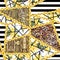 Animals skin texture with yellow flowers and gold chains on black stripes background. Seamless fashion pattern. - illustration