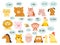 Animals sounds. Cute kids fauna characters with typical noises of species, babies educational icons, speech bubbles with