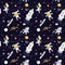 Animals in Space Dark Background Seamless Pattern Space Dog, Cat, Rabbit explorers with Rocket, Planets and Stars