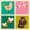 Animals. Square template with cat, storks, bird, bees in grunge style