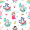 Animals summer seamless pattern. Children animal seasonal background. Decorative baby cloth print with cute raccoon