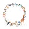 Animals - zoo, wildlife - antelope, owl, gecko, parrot, other . Wreath frame for Animal Day. Watercolor