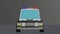 An animated 3d black police car isolated on a dark background. Panning view.