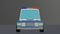 An animated 3d blue police car isolated on a dark background. Panning view.