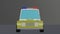An animated 3d yellow police car isolated on a dark background. Panning view.