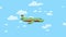 Animated airplane flying through blue sky with white clouds. Flat animation.