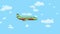 Animated airplane flying in and out on blue sky background with white clouds. Flat animation.