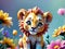 Animated baby lion sitting in flowers, digital art painting in vibrant colors