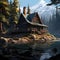 Animated of cabin house with lake and mountain in the forest